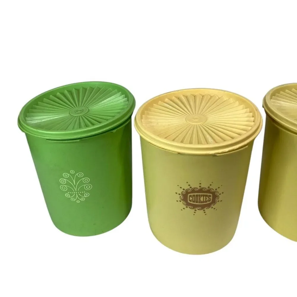 4 Vintage Tupperware Servalier‎ Canisters 3 Yellow  1 Green with Lids Nesting
